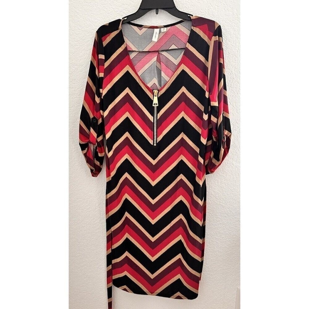 Tacera‎ Chevron Knee-Length Dress 1X Multicolor V-Neck Belted Half-Zip Roll-Tab